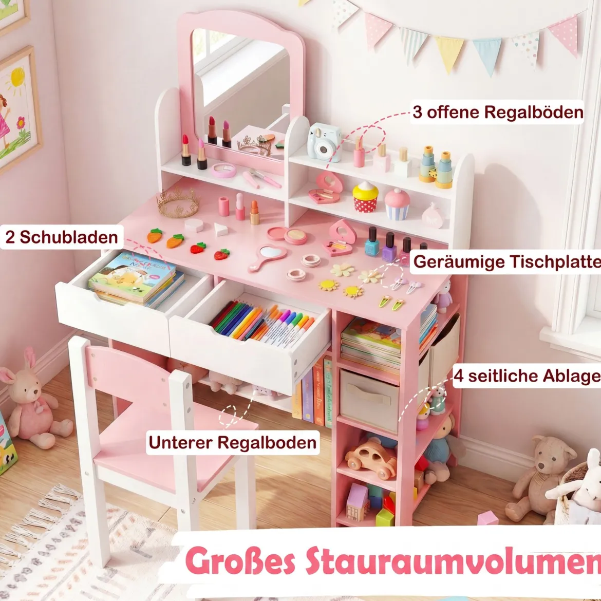 Schminktisch Kinder Frisiertisch mit Spiegel & Hocker Kosmetiktisch mit Regalen & 2 Schubladen Weiß