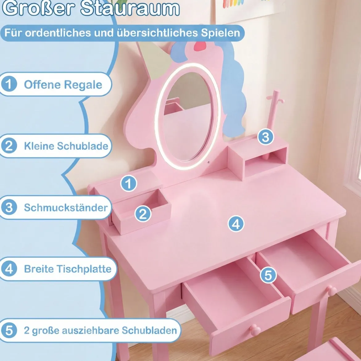 Schminktisch Kinder 2 in 1 Einhorn Frisiertisch mit abnehmbarem Spiegel & 2 Lichtfarben Rosa