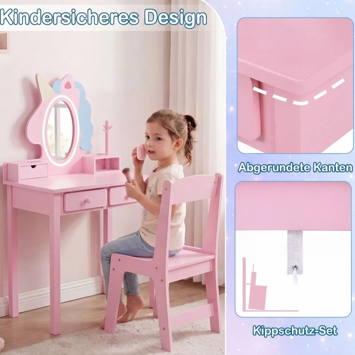 Schminktisch Kinder 2 in 1 Einhorn Frisiertisch mit abnehmbarem Spiegel & 2 Lichtfarben Rosa
