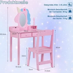 Schminktisch Kinder 2 in 1 Einhorn Frisiertisch mit abnehmbarem Spiegel & 2 Lichtfarben Rosa