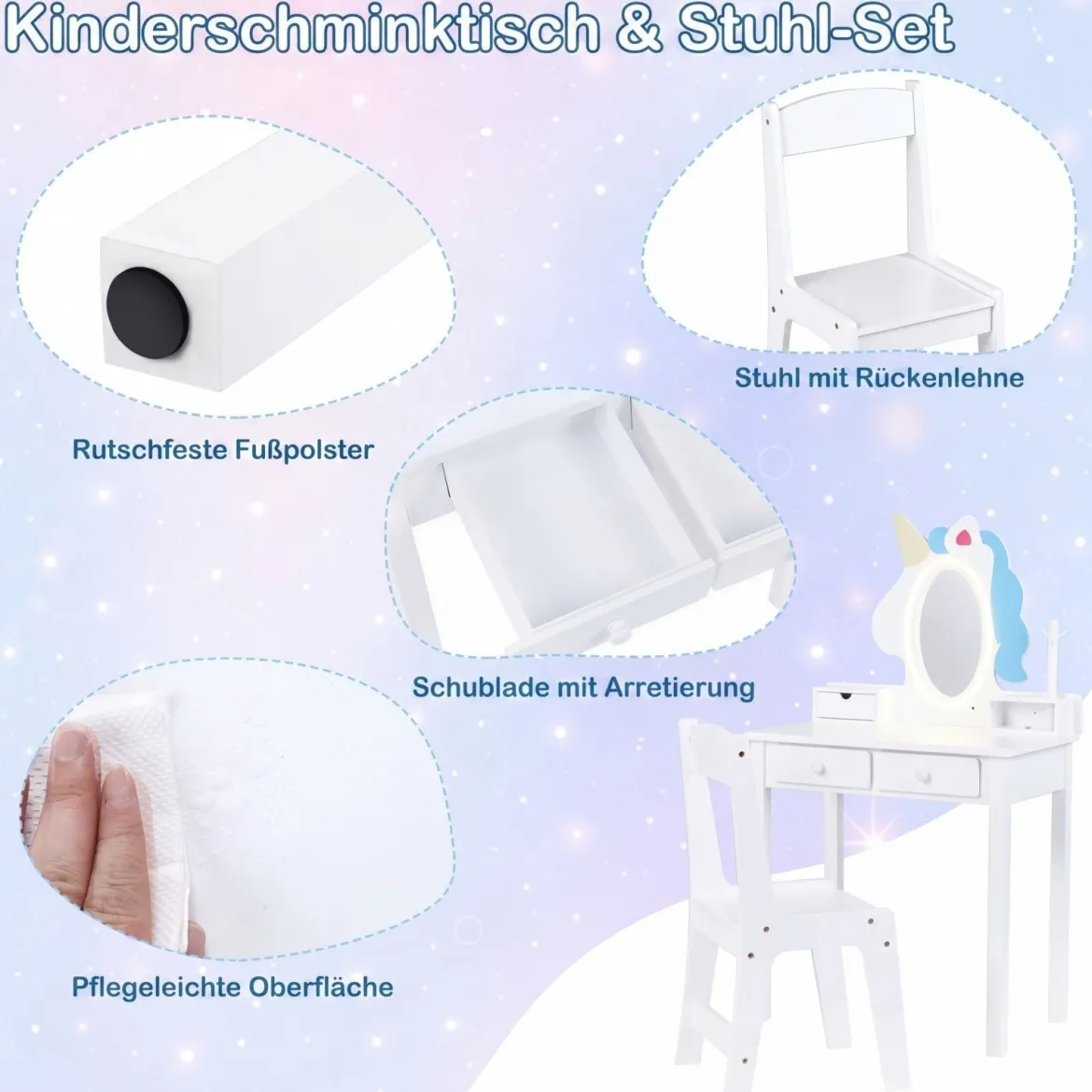 Schminktisch Kinder 2 in 1 Einhorn Frisiertisch mit abnehmbarem Spiegel & 2 Lichtfarben Weiß