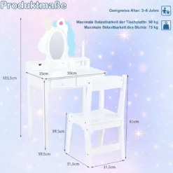 Schminktisch Kinder 2 in 1 Einhorn Frisiertisch mit abnehmbarem Spiegel & 2 Lichtfarben Weiß