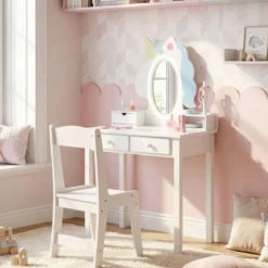 Schminktisch Kinder 2 in 1 Einhorn Frisiertisch mit abnehmbarem Spiegel & 2 Lichtfarben Weiß