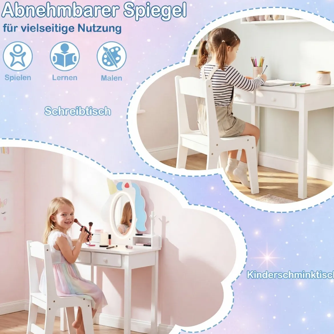 Schminktisch Kinder 2 in 1 Einhorn Frisiertisch mit abnehmbarem Spiegel & 2 Lichtfarben Weiß