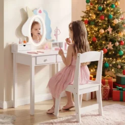 Schminktisch Kinder 2 in 1 Einhorn Frisiertisch mit abnehmbarem Spiegel & 2 Lichtfarben Weiß