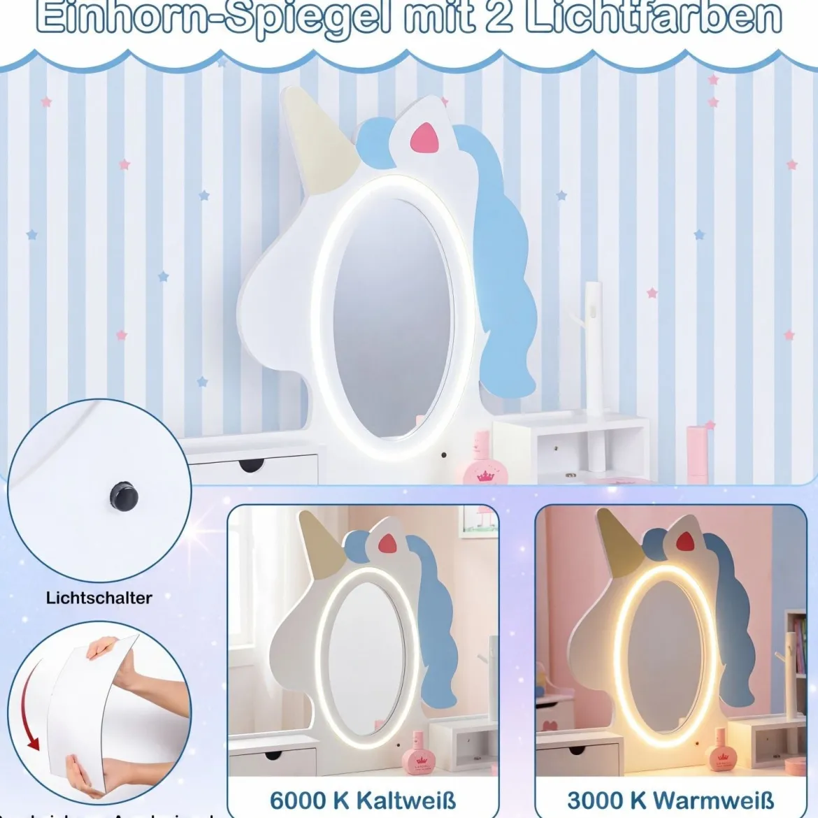 Schminktisch Kinder 2 in 1 Einhorn Frisiertisch mit abnehmbarem Spiegel & 2 Lichtfarben Weiß