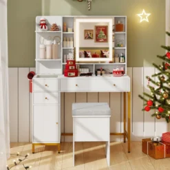 Schminktisch mit beleuchtetem Spiegel Frisiertisch & Hocker-Set 3-Farben-LED-Lichter Spiegelkabinett Weiß