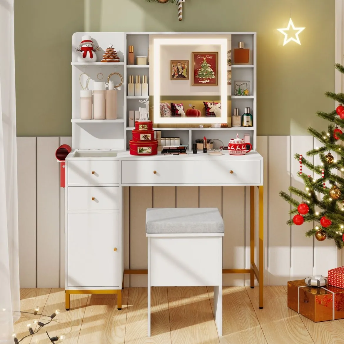 Schminktisch mit beleuchtetem Spiegel Frisiertisch & Hocker-Set 3-Farben-LED-Lichter Spiegelkabinett Weiß