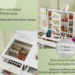Schminktisch mit beleuchtetem Spiegel Frisiertisch & Hocker-Set 3-Farben-LED-Lichter Spiegelkabinett Weiß