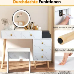 Schminktisch mit Beleuchtung Frisiertisch mit abnehmbarem Spiegel 3 Beleuchtungsmodi 5 Schubladen Weiß