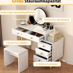 Schminktisch mit Beleuchtung Frisiertisch mit abnehmbarem Spiegel 3 Beleuchtungsmodi 5 Schubladen Weiß