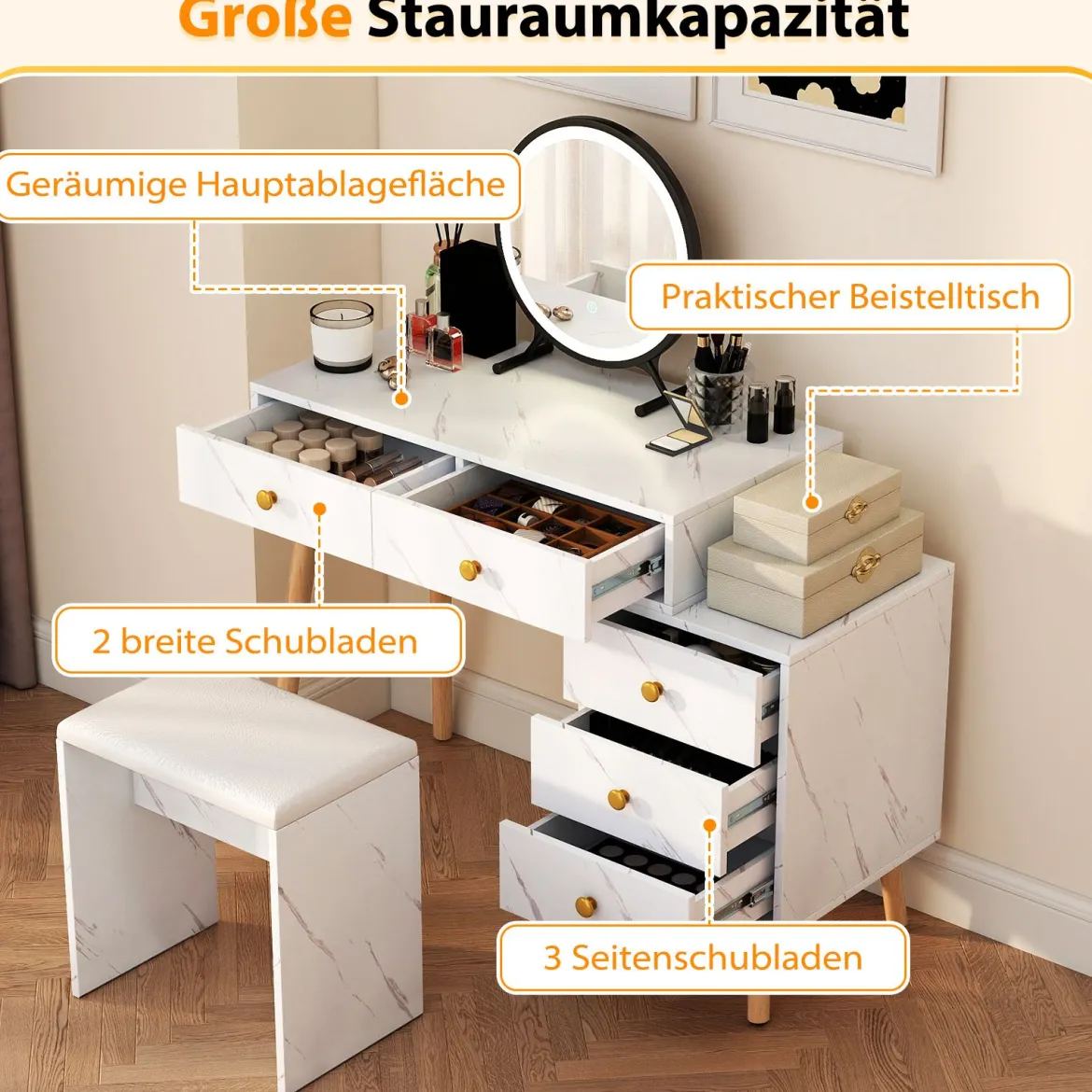Schminktisch mit Beleuchtung Frisiertisch mit abnehmbarem Spiegel 3 Beleuchtungsmodi 5 Schubladen Weiß