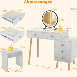 Schminktisch mit Beleuchtung Frisiertisch mit abnehmbarem Spiegel 3 Beleuchtungsmodi 5 Schubladen Weiß
