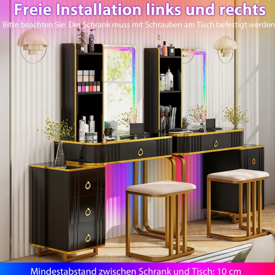 Schminktisch mit7 Dynamische & 7 Statischen Dimmbare LED-Beleuchtung Frisiertisch