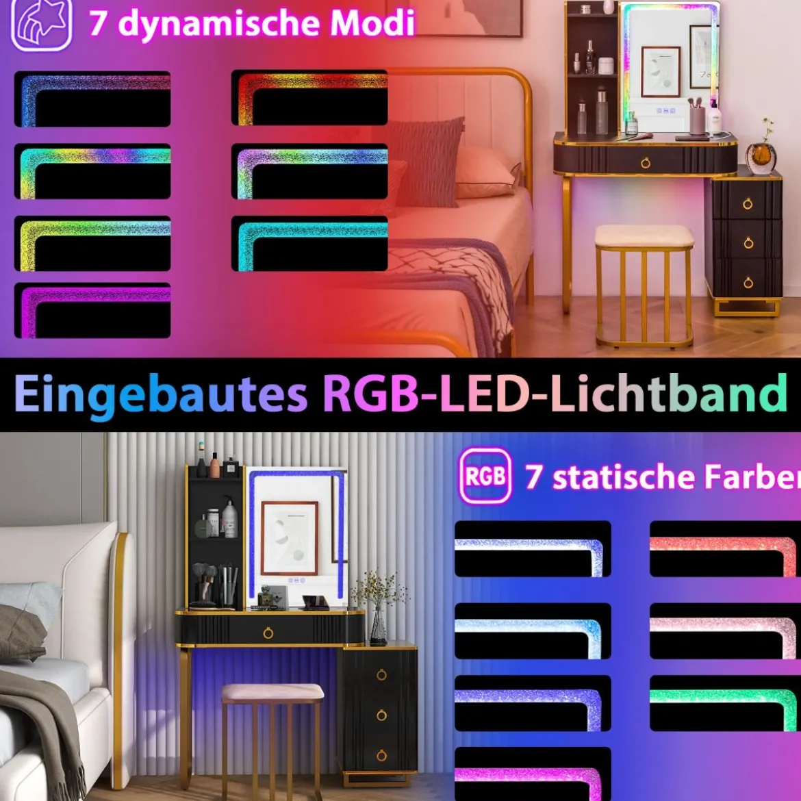 Schminktisch mit7 Dynamische & 7 Statischen Dimmbare LED-Beleuchtung Frisiertisch