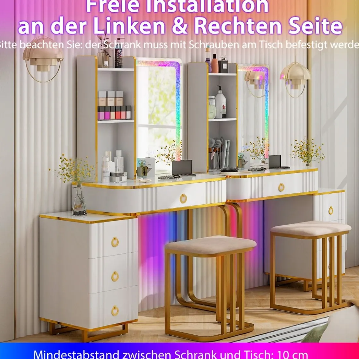 Schminktisch mit7 Dynamische & 7 Statischen Dimmbare LED-Beleuchtung Frisiertisch