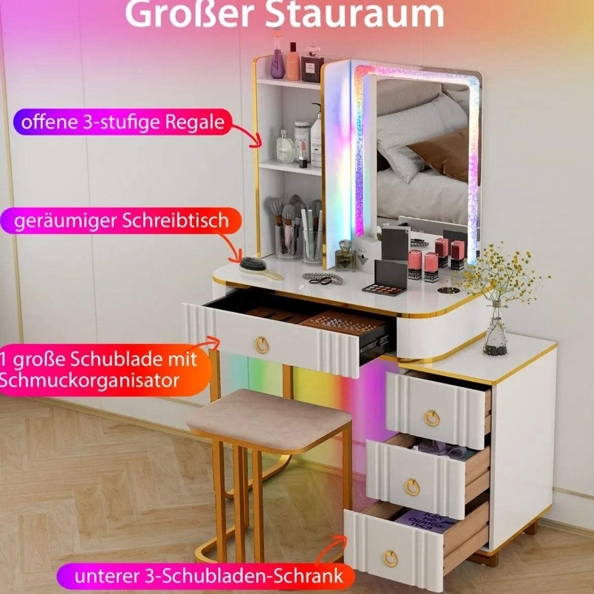 Schminktisch mit7 Dynamische & 7 Statischen Dimmbare LED-Beleuchtung Frisiertisch