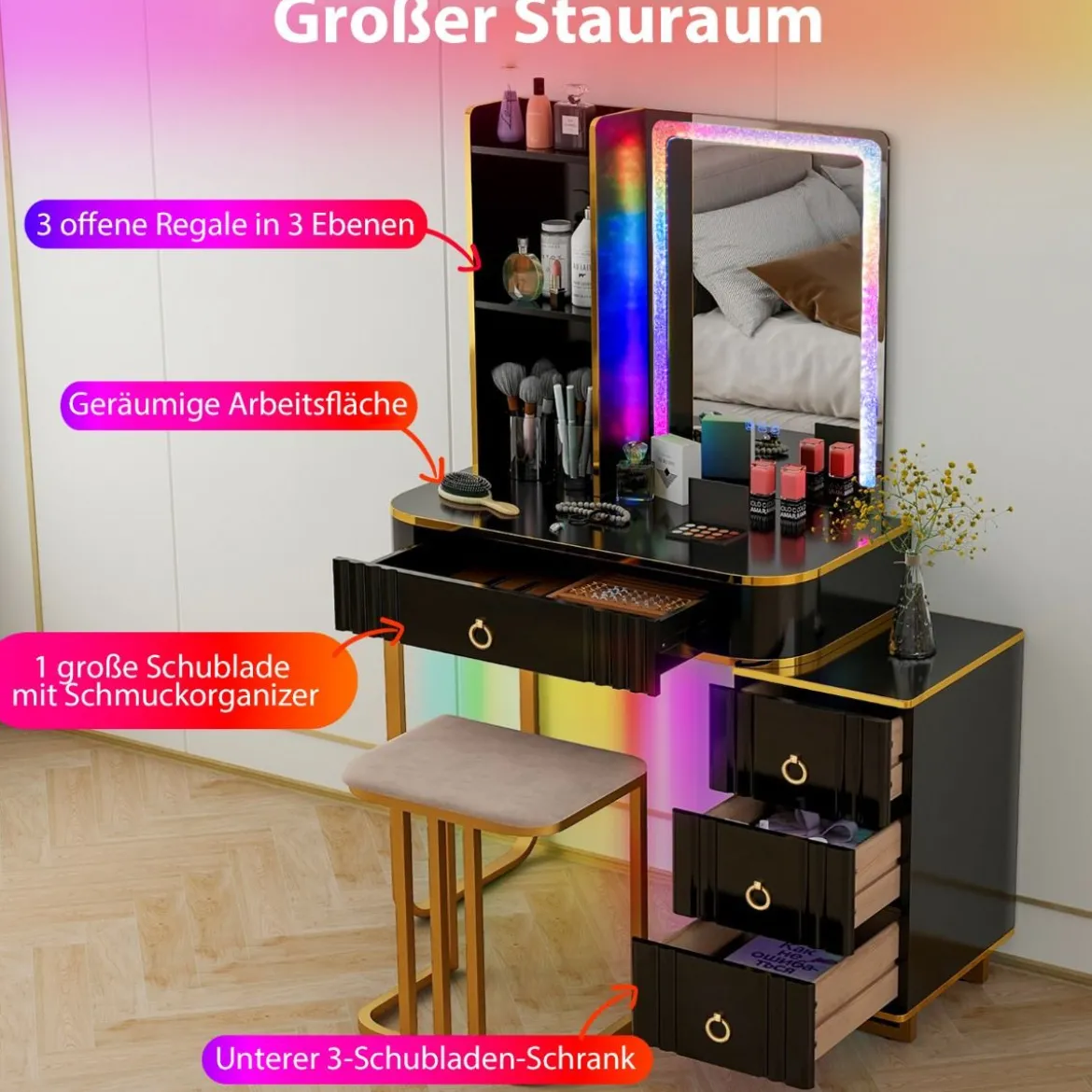 Schminktisch mit7 Dynamische & 7 Statischen Dimmbare LED-Beleuchtung Frisiertisch