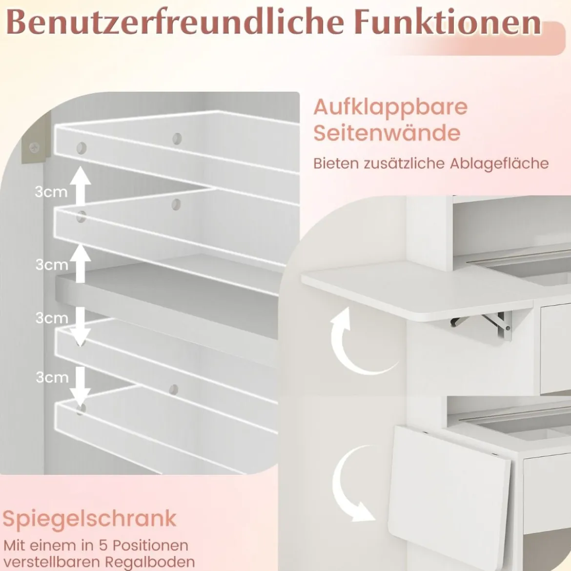 Schminktisch mit 3 Farbe LED Spiegel & Hocker & Steckdosen Frisiertisch Set Schmaler Kosmetiktisch