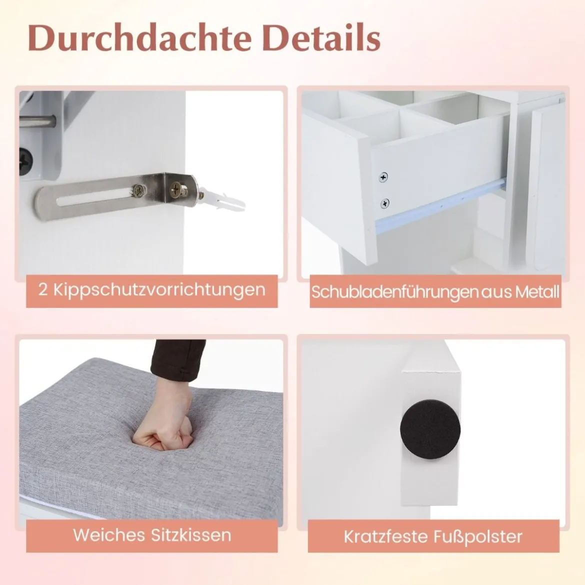 Schminktisch mit 3 Farbe LED Spiegel & Hocker & Steckdosen Frisiertisch Set Schmaler Kosmetiktisch