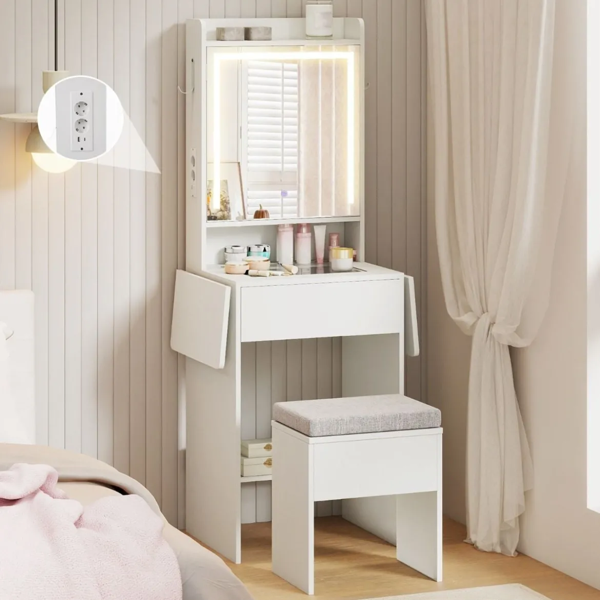 Schminktisch mit 3 Farbe LED Spiegel & Hocker & Steckdosen Frisiertisch Set Schmaler Kosmetiktisch