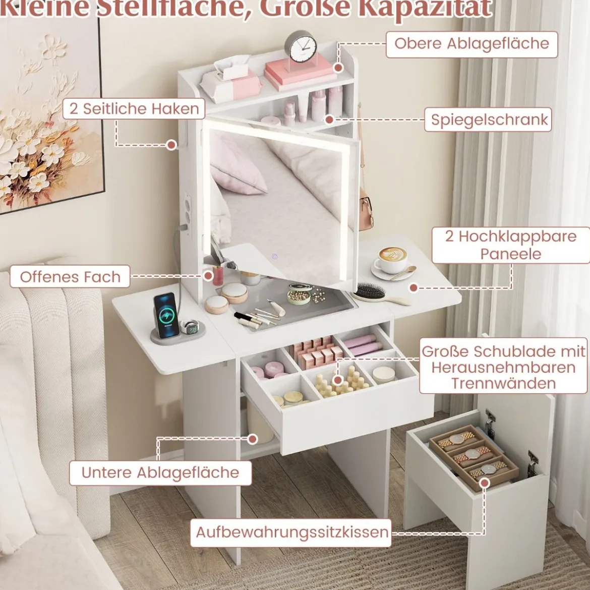 Schminktisch mit 3 Farbe LED Spiegel & Hocker & Steckdosen Frisiertisch Set Schmaler Kosmetiktisch
