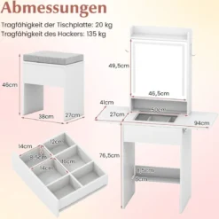 Schminktisch mit 3 Farbe LED Spiegel & Hocker & Steckdosen Frisiertisch Set Schmaler Kosmetiktisch