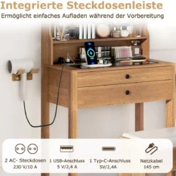 Schminktisch mit Gepolsterter Hocker & Steckdosen & 3 Farbige LED Spiegel Kosmetiktisch