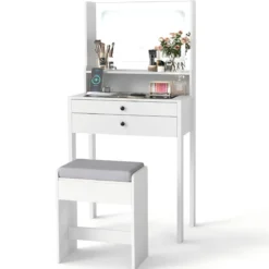 Schminktisch mit Gepolsterter Hocker & Steckdosen & 3 Farbige LED Spiegel Kosmetiktisch