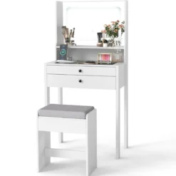 Schminktisch mit Gepolsterter Hocker & Steckdosen & 3 Farbige LED Spiegel Kosmetiktisch