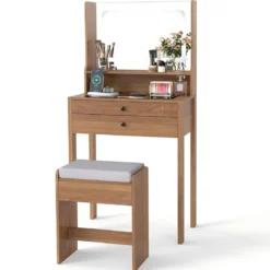 Schminktisch mit Gepolsterter Hocker & Steckdosen & 3 Farbige LED Spiegel Kosmetiktisch