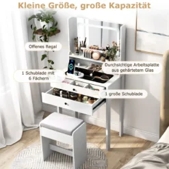 Schminktisch mit Gepolsterter Hocker & Steckdosen & 3 Farbige LED Spiegel Kosmetiktisch