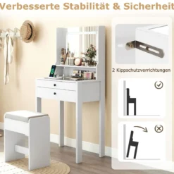 Schminktisch mit Gepolsterter Hocker & Steckdosen & 3 Farbige LED Spiegel Kosmetiktisch