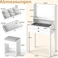 Schminktisch mit Gepolsterter Hocker & Steckdosen & 3 Farbige LED Spiegel Kosmetiktisch