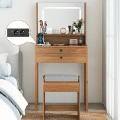 Schminktisch mit Gepolsterter Hocker & Steckdosen & 3 Farbige LED Spiegel Kosmetiktisch