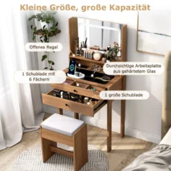 Schminktisch mit Gepolsterter Hocker & Steckdosen & 3 Farbige LED Spiegel Kosmetiktisch