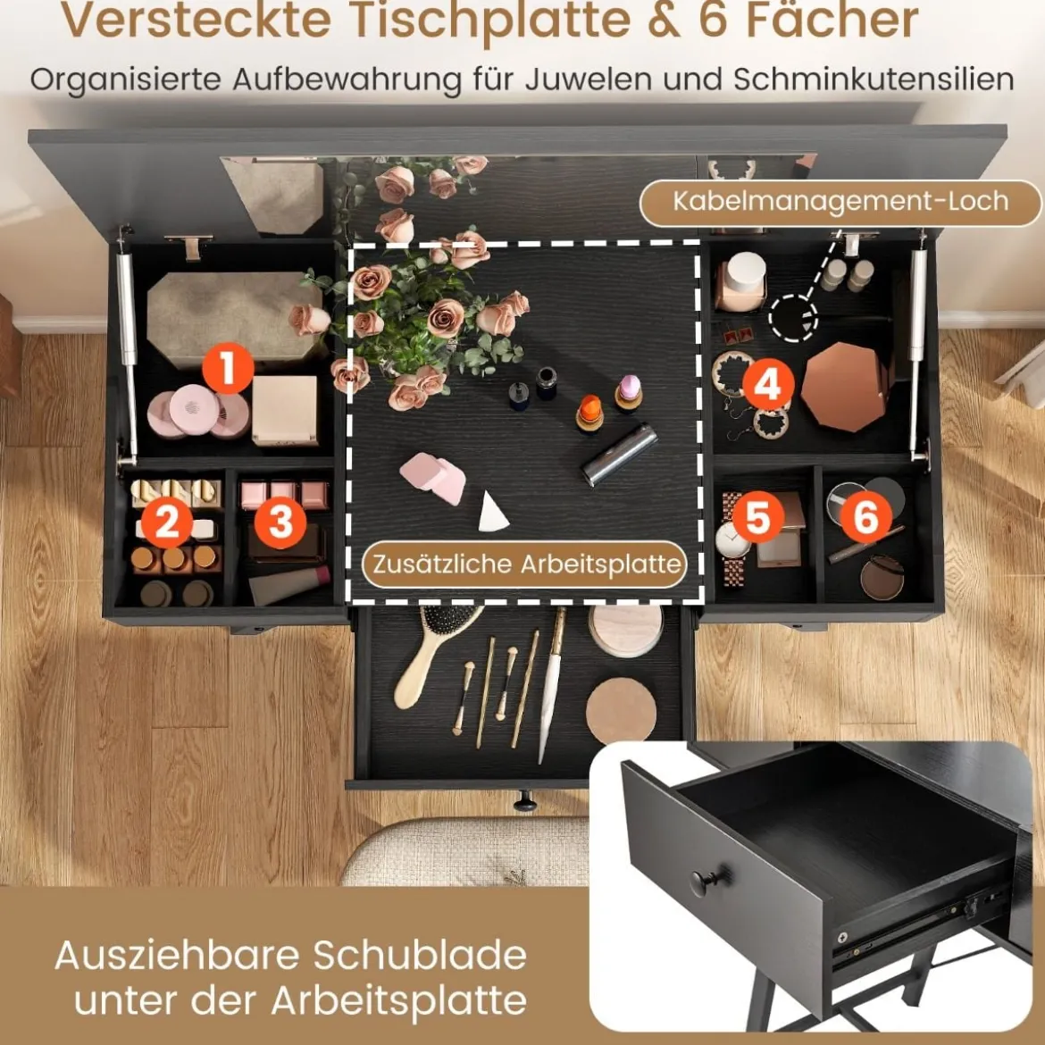 Schminktisch mit Großem Spiegel & Ladestation & Klappdeckel & Schublade Kosmetiktisch Schwarz
