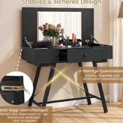 Schminktisch mit Großem Spiegel & Ladestation & Klappdeckel & Schublade Kosmetiktisch Schwarz
