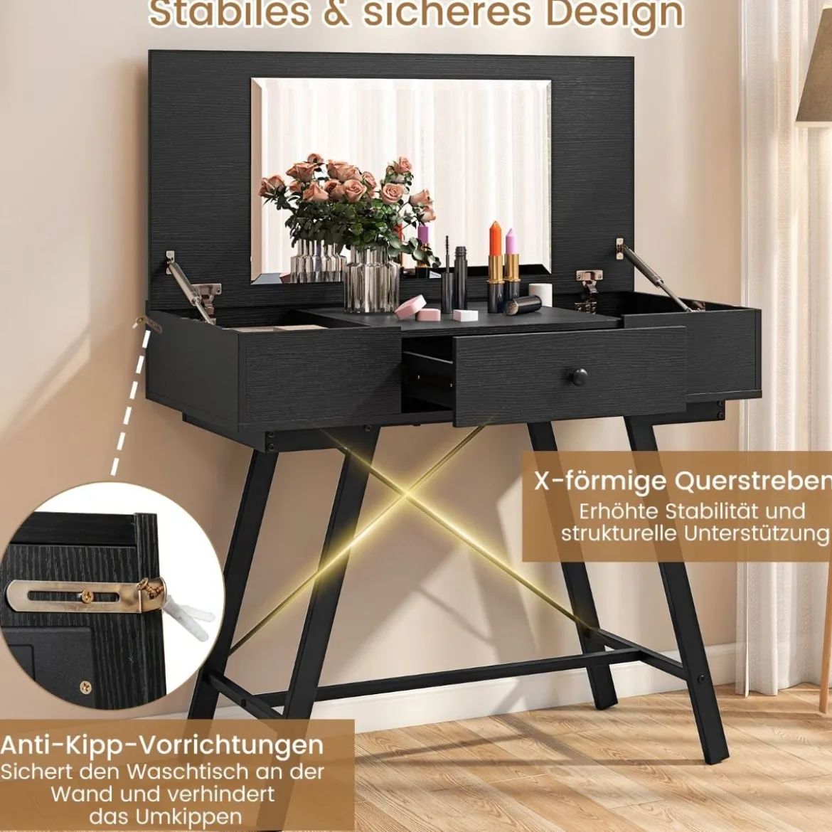 Schminktisch mit Großem Spiegel & Ladestation & Klappdeckel & Schublade Kosmetiktisch Schwarz