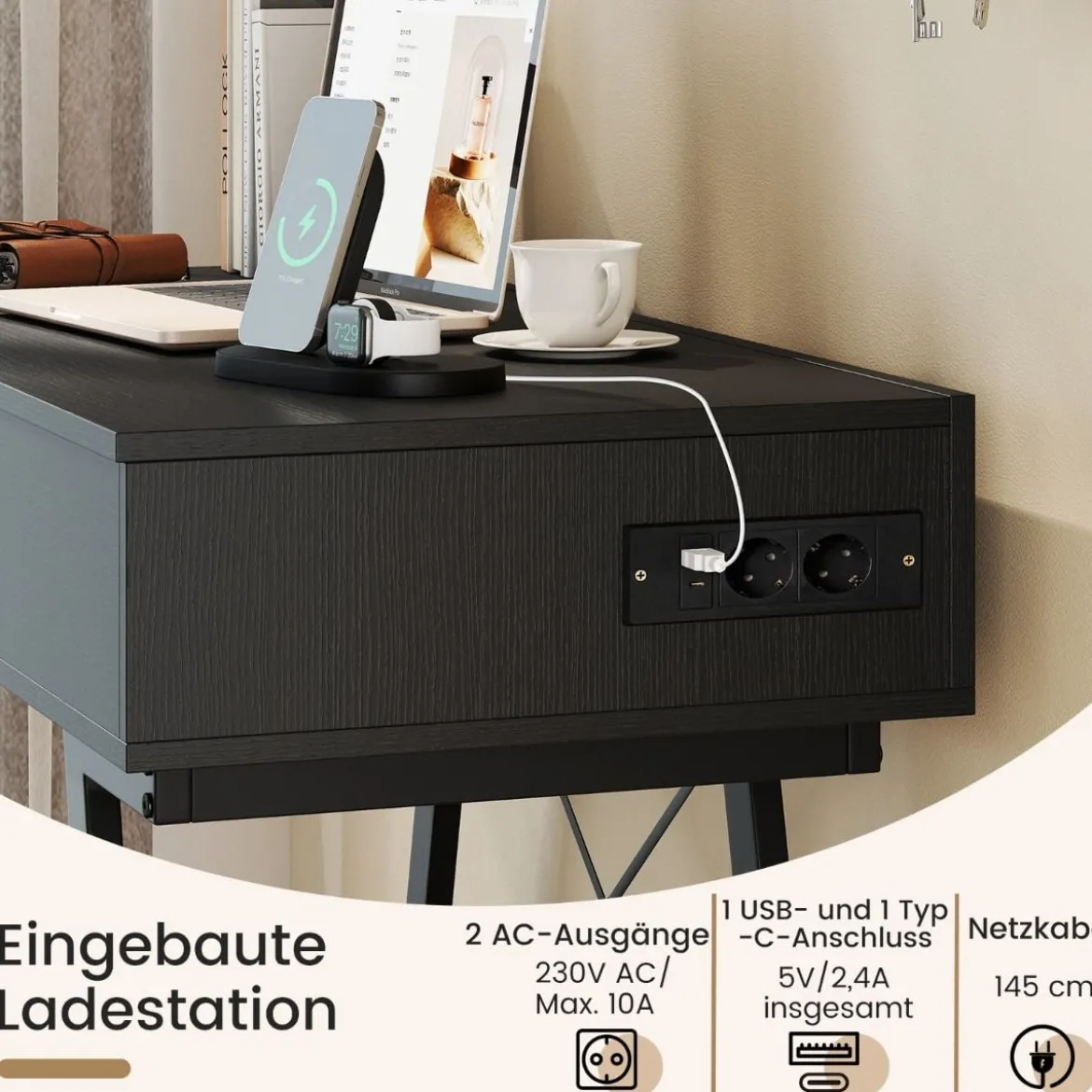 Schminktisch mit Großem Spiegel & Ladestation & Klappdeckel & Schublade Kosmetiktisch Schwarz