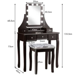 Schminktisch mit Hocker 360° drehbarem Spiegel und 10 dimmbaren LED-Birnen Kosmetiktisch Braun