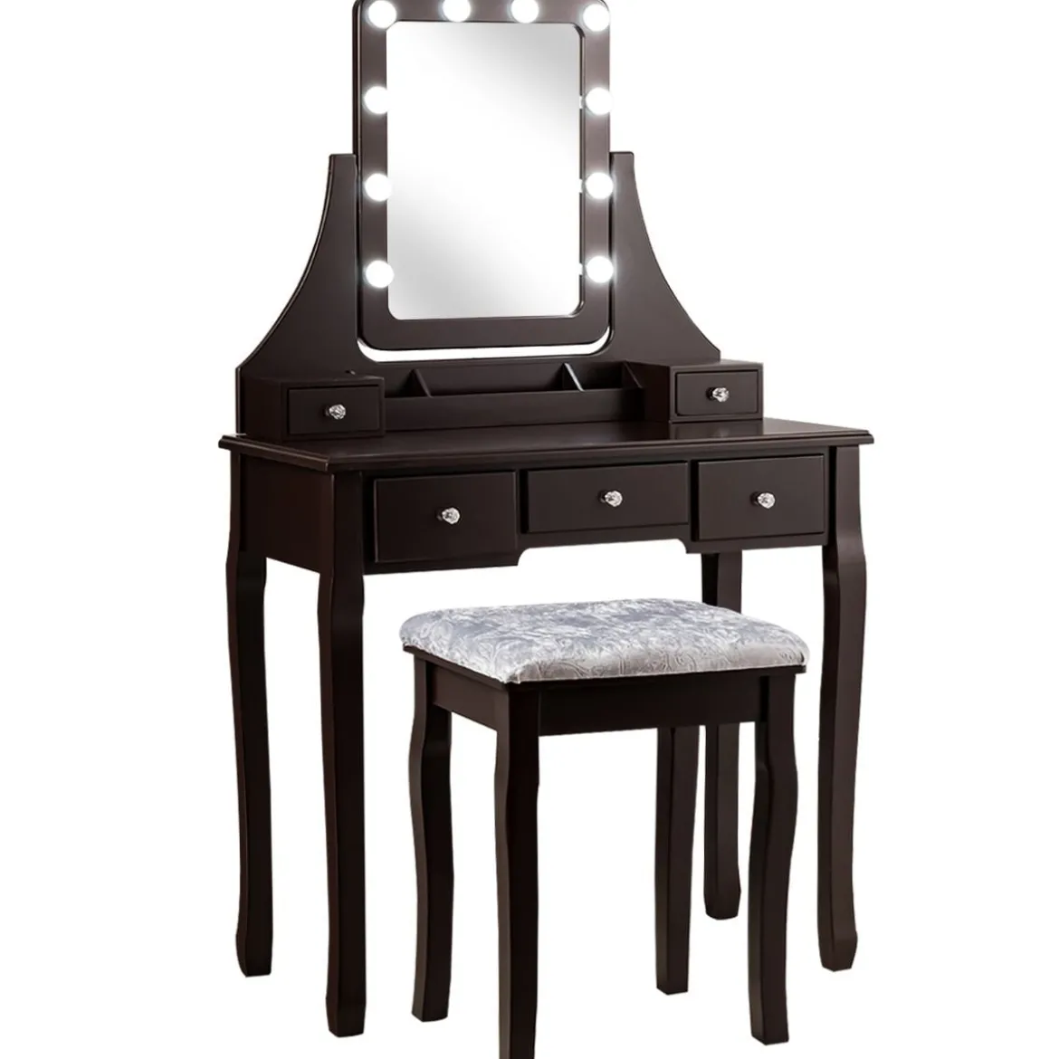 Schminktisch mit Hocker 360° drehbarem Spiegel und 10 dimmbaren LED-Birnen Kosmetiktisch Braun