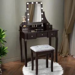 Schminktisch mit Hocker 360° drehbarem Spiegel und 10 dimmbaren LED-Birnen Kosmetiktisch Braun