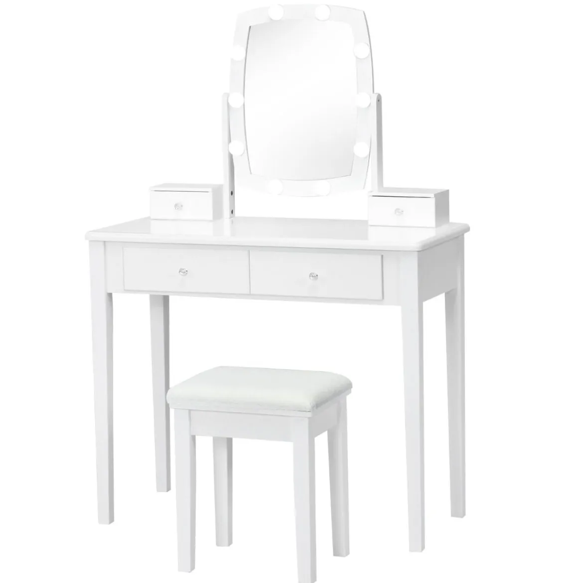 Schminktisch mit Hocker & 360° drehbarem Spiegel & 10 dimmbarenverstellbaren LED-Birnen Weiß