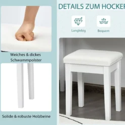 Schminktisch mit Hocker & 360° drehbarem Spiegel & 10 dimmbarenverstellbaren LED-Birnen Weiß