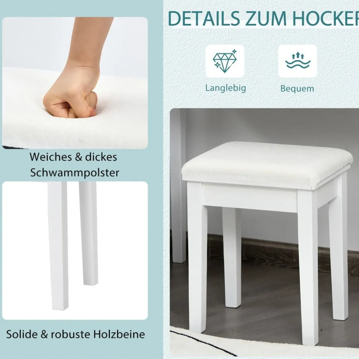 Schminktisch mit Hocker & 360° drehbarem Spiegel & 10 dimmbarenverstellbaren LED-Birnen Weiß