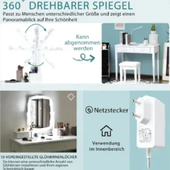 Schminktisch mit Hocker & 360° drehbarem Spiegel & 10 dimmbarenverstellbaren LED-Birnen Weiß