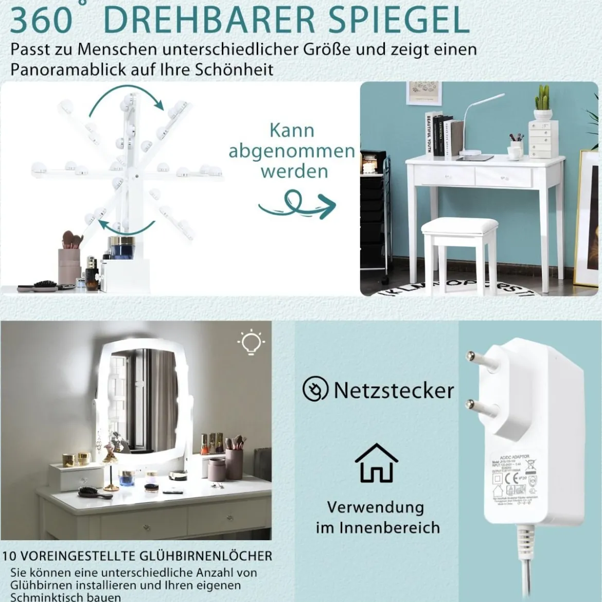 Schminktisch mit Hocker & 360° drehbarem Spiegel & 10 dimmbarenverstellbaren LED-Birnen Weiß