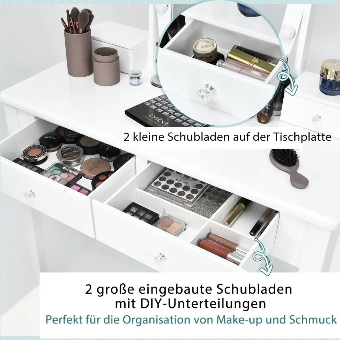 Schminktisch mit Hocker & 360° drehbarem Spiegel & 10 dimmbarenverstellbaren LED-Birnen Weiß