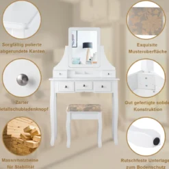 Schminktisch mit Hocker Frisiertisch-Set Kosmetiktisch mit 5 Schubladen und Spiegel Weiß